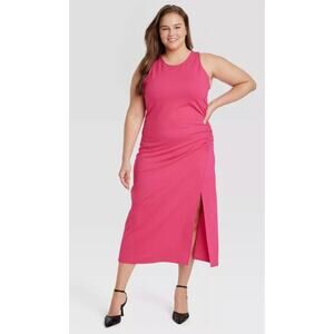 A New Day Midi Rouched Tank Dress Pink Plus Size 2X